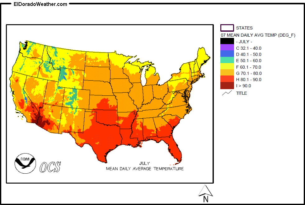 United States Yearly Annual Mean Daily Average Temperature for July Map